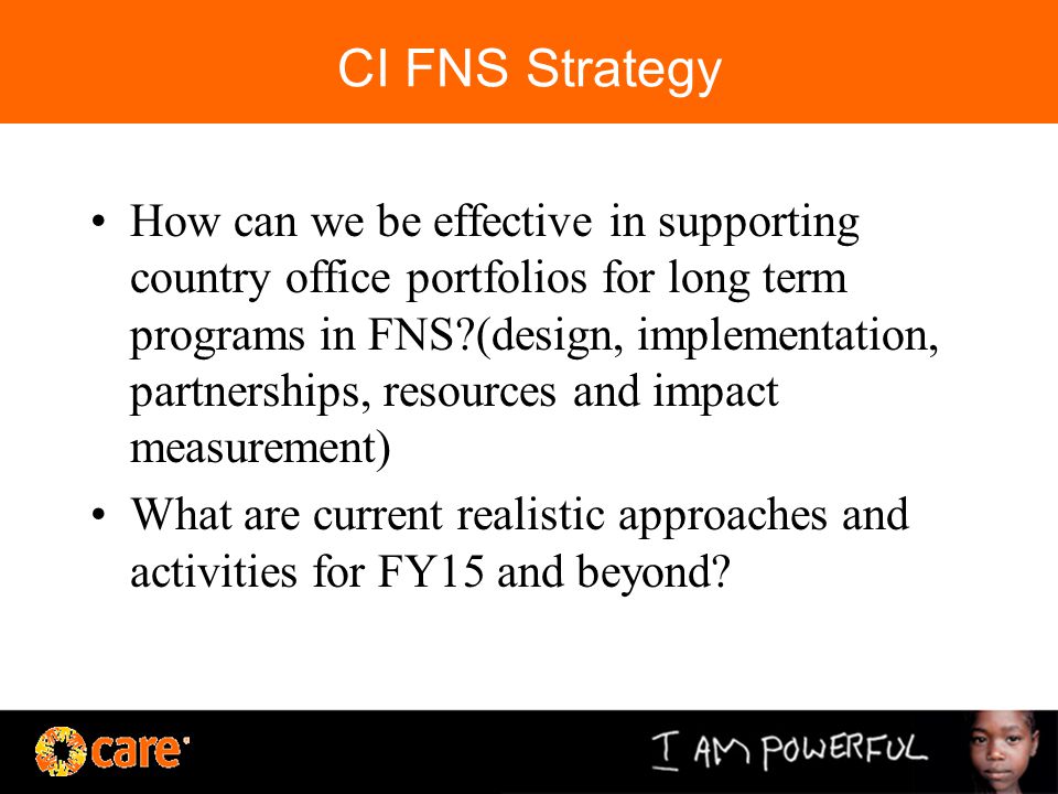 CI FNS Strategy How can we be effective in supporting country office portfolios for long term programs in FNS (design, implementation, partnerships, resources and impact measurement) What are current realistic approaches and activities for FY15 and beyond
