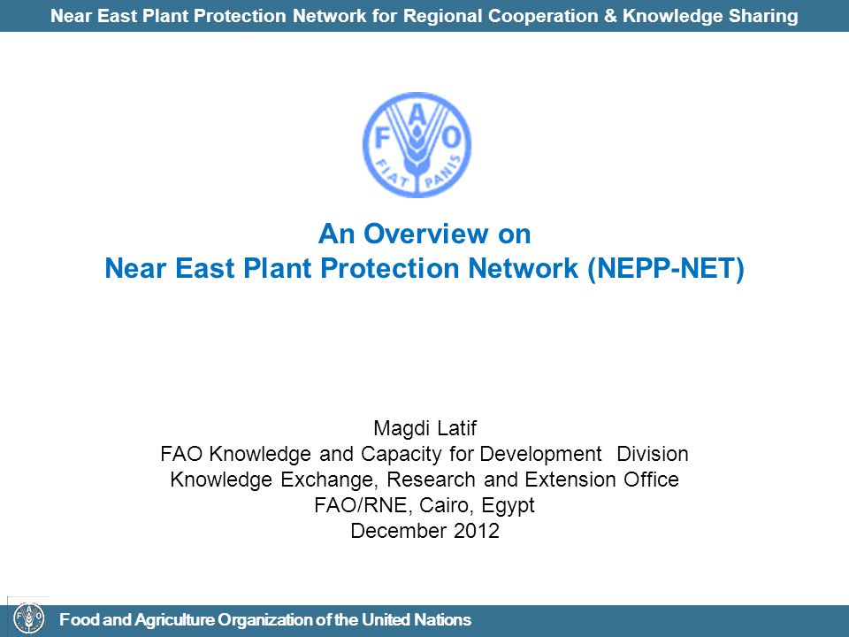 Near East Plant Protection Network for Regional Cooperation & Knowledge Sharing Food and Agriculture Organization of the United Nations An Overview on Near East Plant Protection Network (NEPP-NET) Magdi Latif FAO Knowledge and Capacity for Development Division Knowledge Exchange, Research and Extension Office FAO/RNE, Cairo, Egypt December 2012