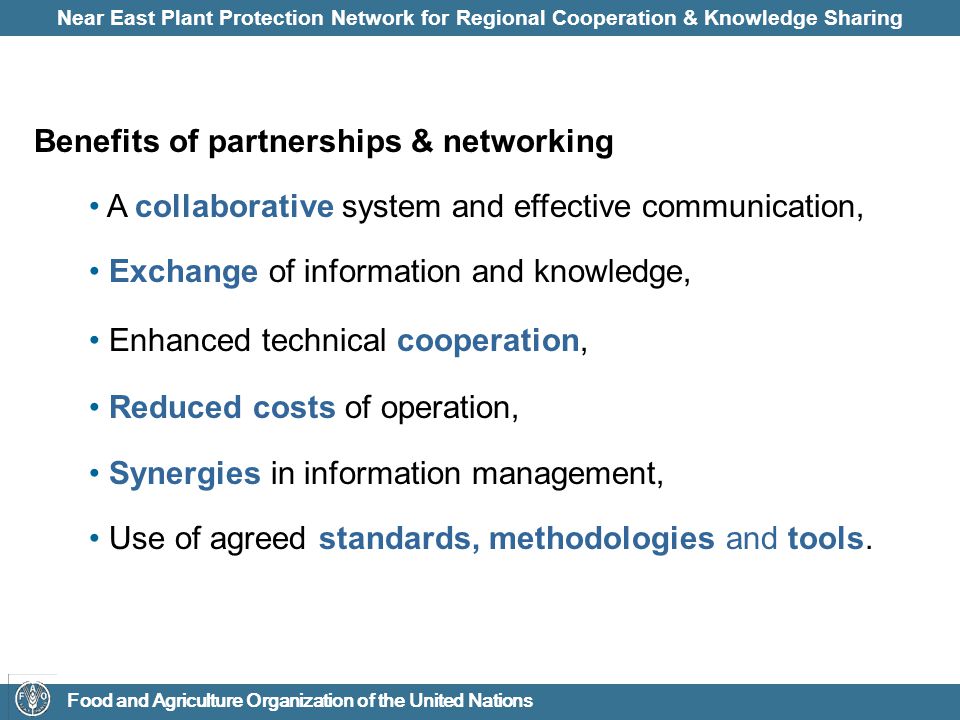 Near East Plant Protection Network for Regional Cooperation & Knowledge Sharing Food and Agriculture Organization of the United Nations Benefits of partnerships & networking A collaborative system and effective communication, Exchange of information and knowledge, Enhanced technical cooperation, Reduced costs of operation, Synergies in information management, Use of agreed standards, methodologies and tools.