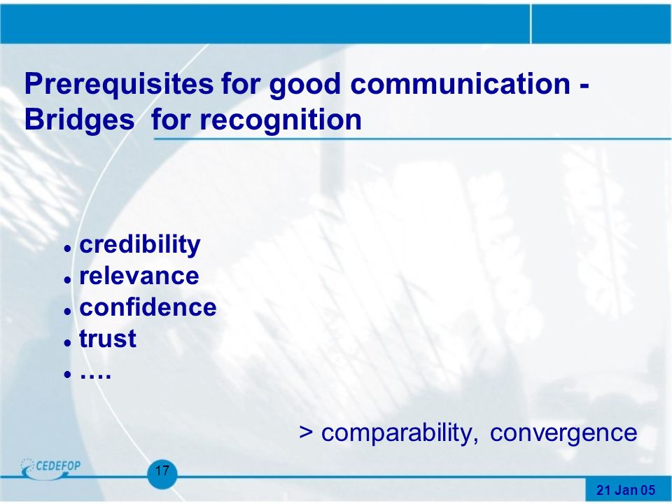 21 Jan Prerequisites for good communication - Bridges for recognition l credibility l relevance l confidence l trust l ….