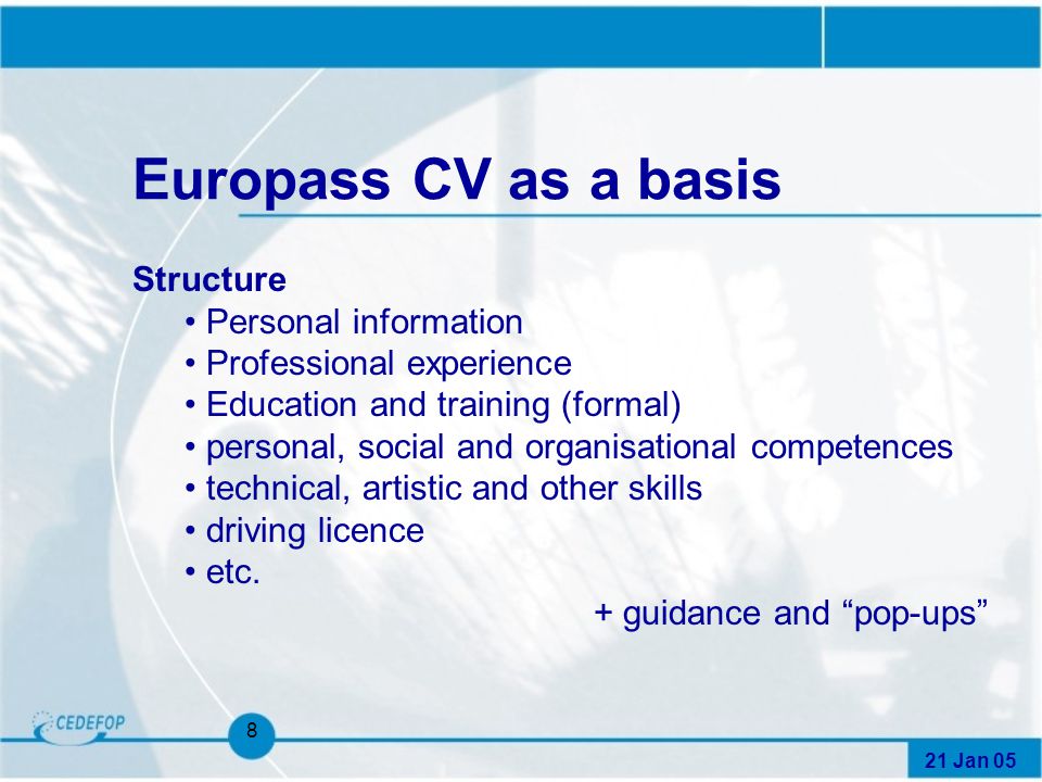 21 Jan 05 8 Europass CV as a basis Structure Personal information Professional experience Education and training (formal) personal, social and organisational competences technical, artistic and other skills driving licence etc.