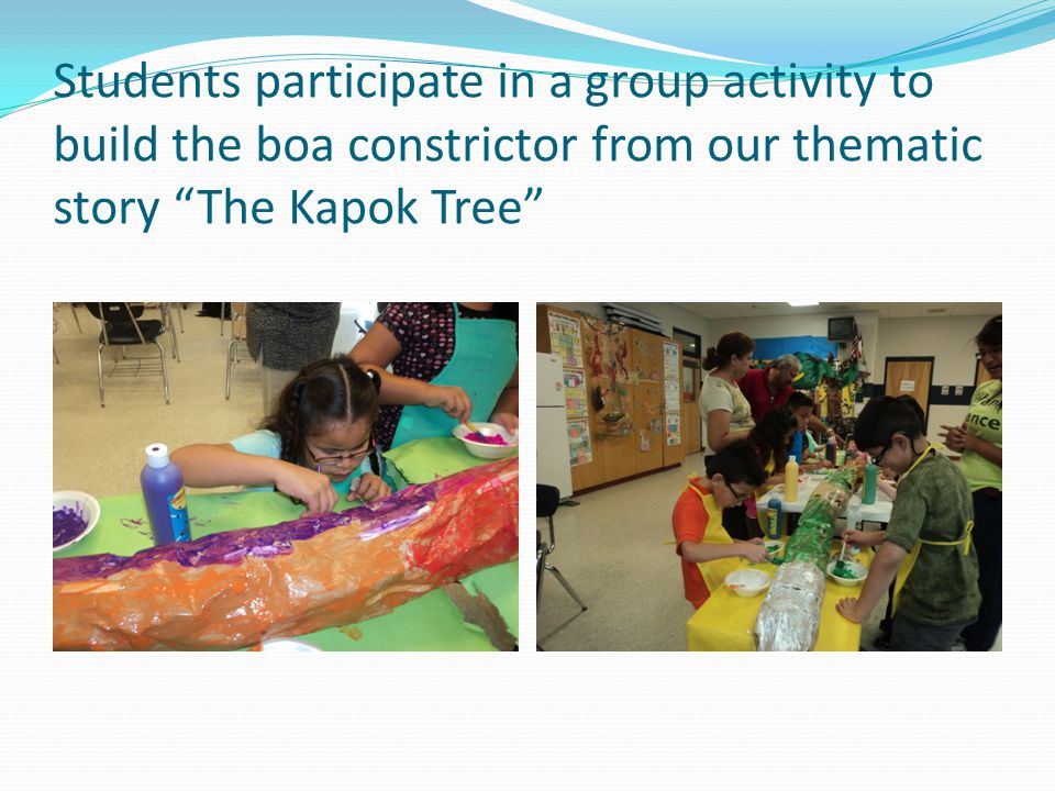 Students participate in a group activity to build the boa constrictor from our thematic story The Kapok Tree