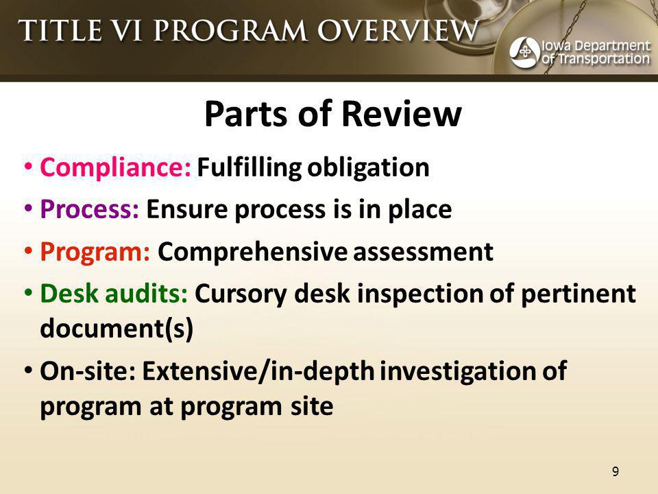 Parts of Review Compliance: Fulfilling obligation Process: Ensure process is in place Program: Comprehensive assessment Desk audits: Cursory desk inspection of pertinent document(s) On-site: Extensive/in-depth investigation of program at program site 9