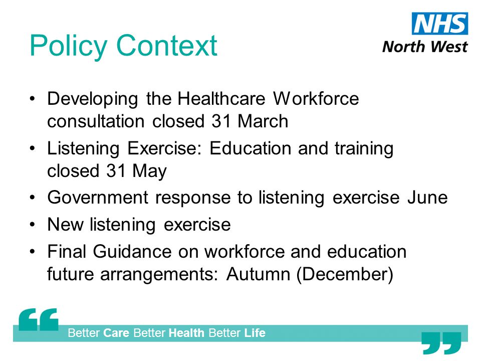 Better Care Better Health Better Life Policy Context Developing the Healthcare Workforce consultation closed 31 March Listening Exercise: Education and training closed 31 May Government response to listening exercise June New listening exercise Final Guidance on workforce and education future arrangements: Autumn (December)