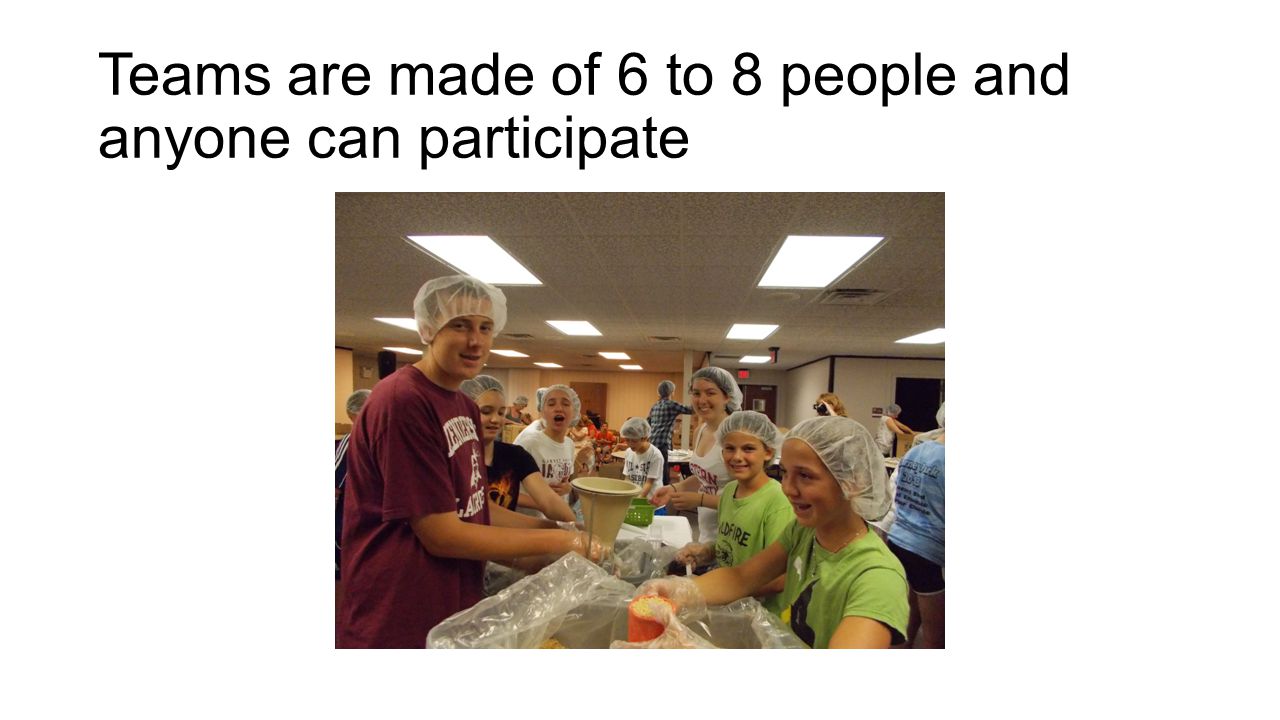 Everyone works as a team to fill the bags with the ingredients