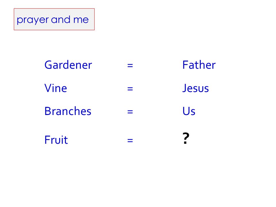 prayer and me Gardener=Father Vine= Jesus Branches=Us Fruit=