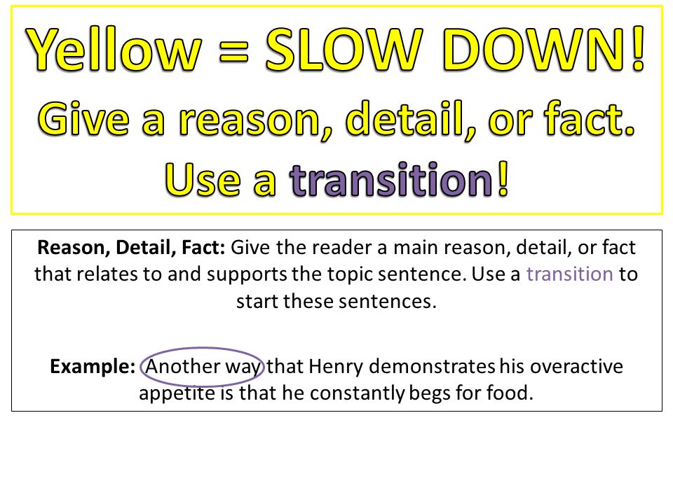 Reason, Detail, Fact: Give the reader a main reason, detail, or fact that relates to and supports the topic sentence.