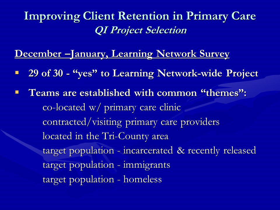 December –January, Learning Network Survey  29 of 30 - yes to Learning Network-wide Project  Teams are established with common themes : co-located w/ primary care clinic contracted/visiting primary care providers located in the Tri-County area target population - incarcerated & recently released target population - immigrants target population - homeless Improving Client Retention in Primary Care QI Project Selection