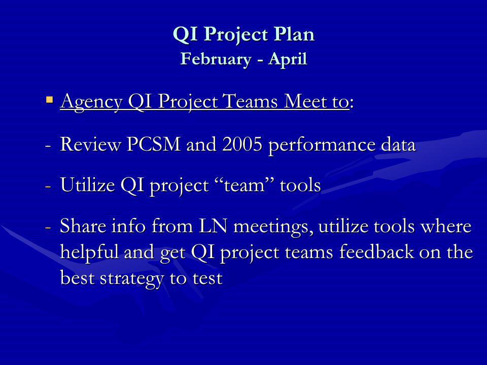QI Project Plan February - April  Agency QI Project Teams Meet to: -Review PCSM and 2005 performance data -Utilize QI project team tools -Share info from LN meetings, utilize tools where helpful and get QI project teams feedback on the best strategy to test