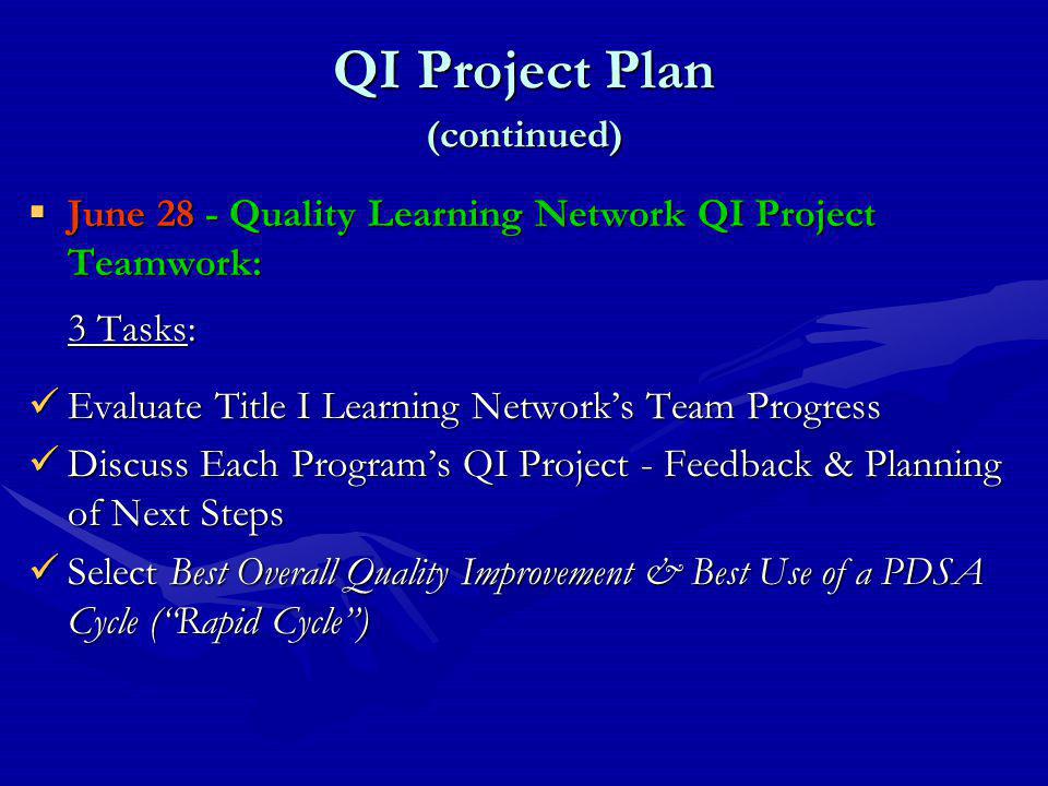 QI Project Plan (continued)  June 28 - Quality Learning Network QI Project Teamwork: 3 Tasks: Evaluate Title I Learning Network’s Team Progress Evaluate Title I Learning Network’s Team Progress Discuss Each Program’s QI Project - Feedback & Planning of Next Steps Discuss Each Program’s QI Project - Feedback & Planning of Next Steps Select Best Overall Quality Improvement & Best Use of a PDSA Cycle ( Rapid Cycle ) Select Best Overall Quality Improvement & Best Use of a PDSA Cycle ( Rapid Cycle )