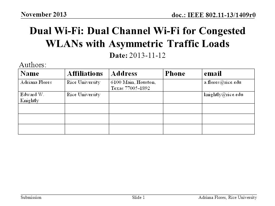 Submission doc.: IEEE /1409r0 November 2013 Adriana Flores, Rice UniversitySlide 1 Dual Wi-Fi: Dual Channel Wi-Fi for Congested WLANs with Asymmetric Traffic Loads Date: Authors:
