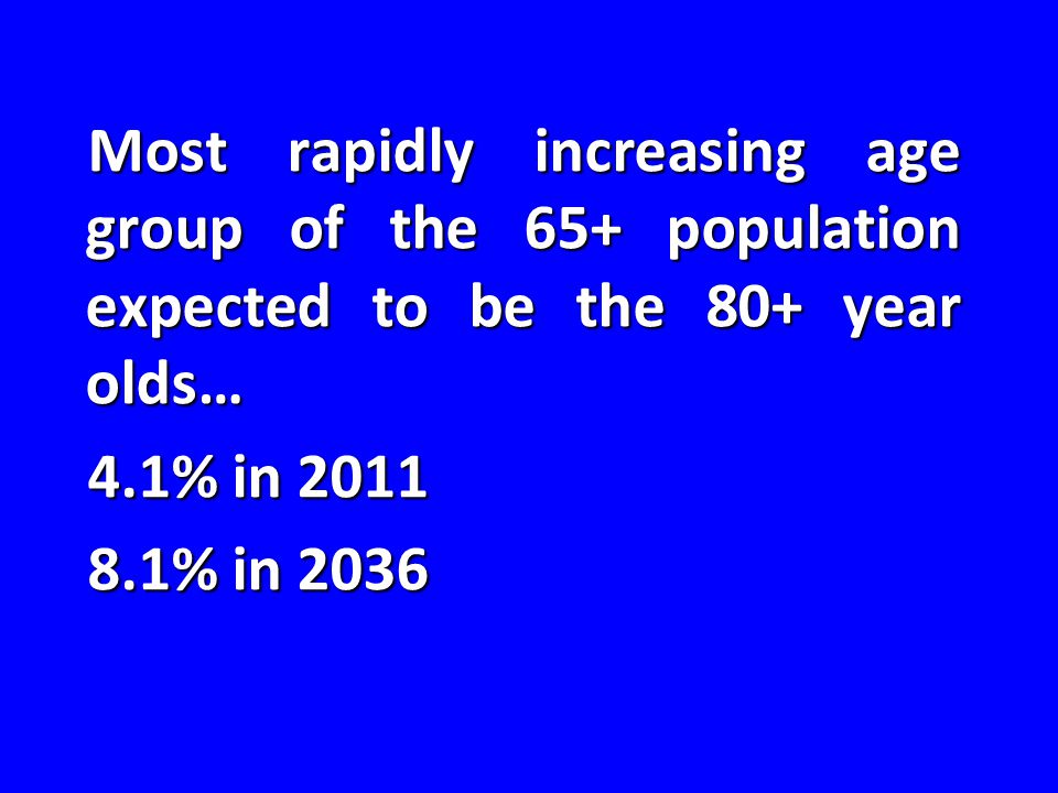 Most rapidly increasing age group of the 65+ population expected to be the 80+ year olds… 4.1% in % in 2036