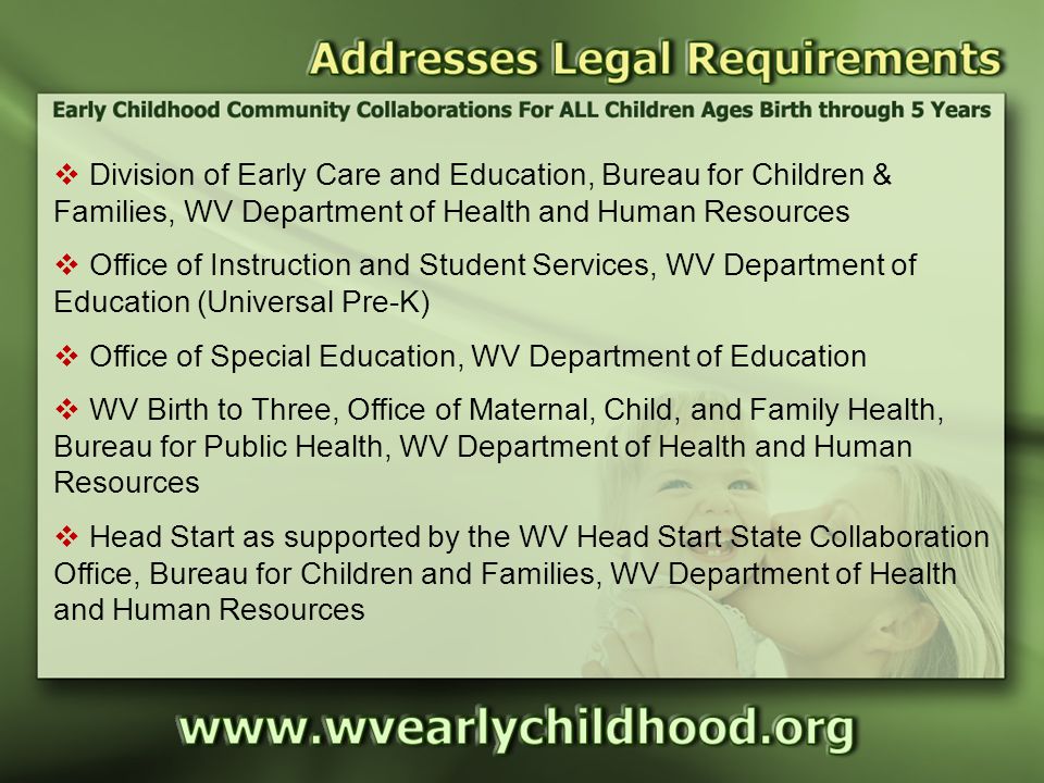 Addresses Legal Requirements  Division of Early Care and Education, Bureau for Children & Families, WV Department of Health and Human Resources  Office of Instruction and Student Services, WV Department of Education (Universal Pre-K)  Office of Special Education, WV Department of Education  WV Birth to Three, Office of Maternal, Child, and Family Health, Bureau for Public Health, WV Department of Health and Human Resources  Head Start as supported by the WV Head Start State Collaboration Office, Bureau for Children and Families, WV Department of Health and Human Resources