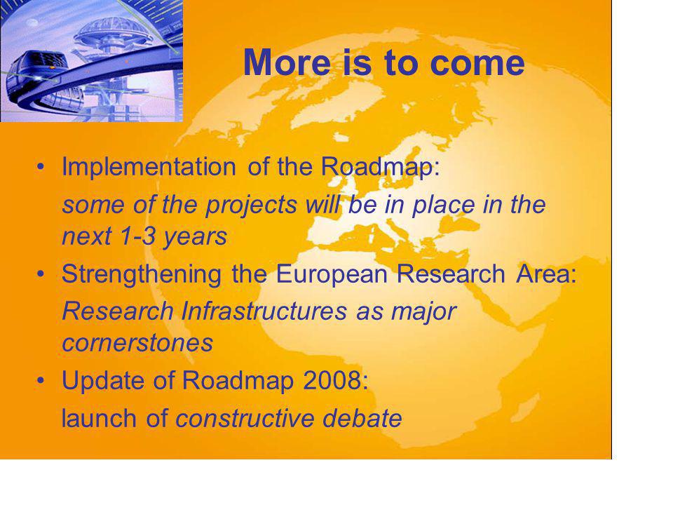 More is to come Implementation of the Roadmap: some of the projects will be in place in the next 1-3 years Strengthening the European Research Area: Research Infrastructures as major cornerstones Update of Roadmap 2008: launch of constructive debate