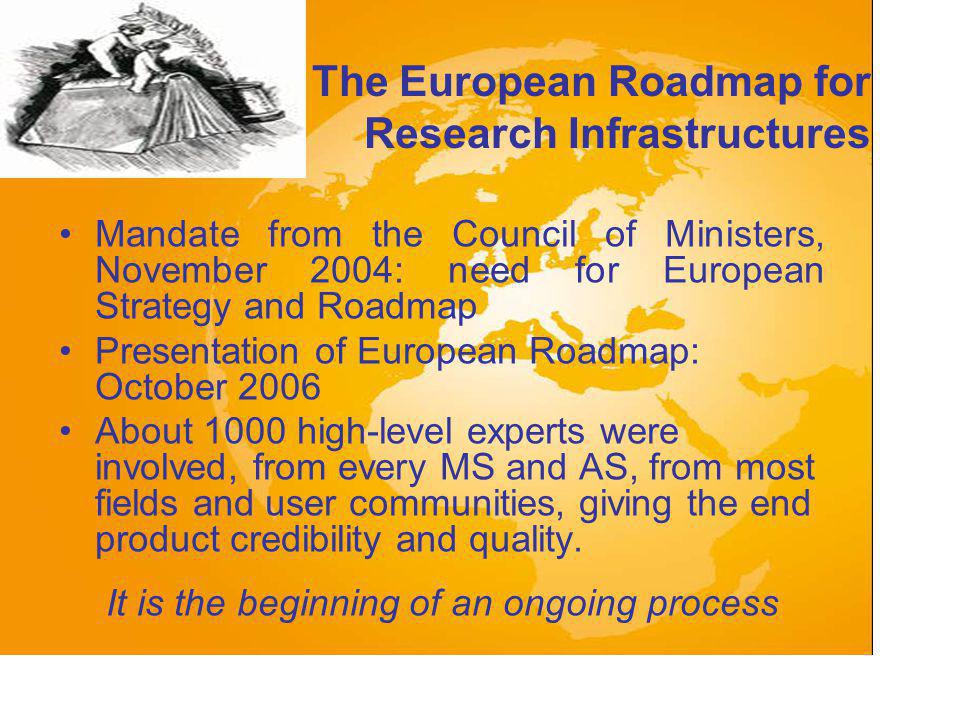 The European Roadmap for Research Infrastructures Mandate from the Council of Ministers, November 2004: need for European Strategy and Roadmap Presentation of European Roadmap: October 2006 About 1000 high-level experts were involved, from every MS and AS, from most fields and user communities, giving the end product credibility and quality.