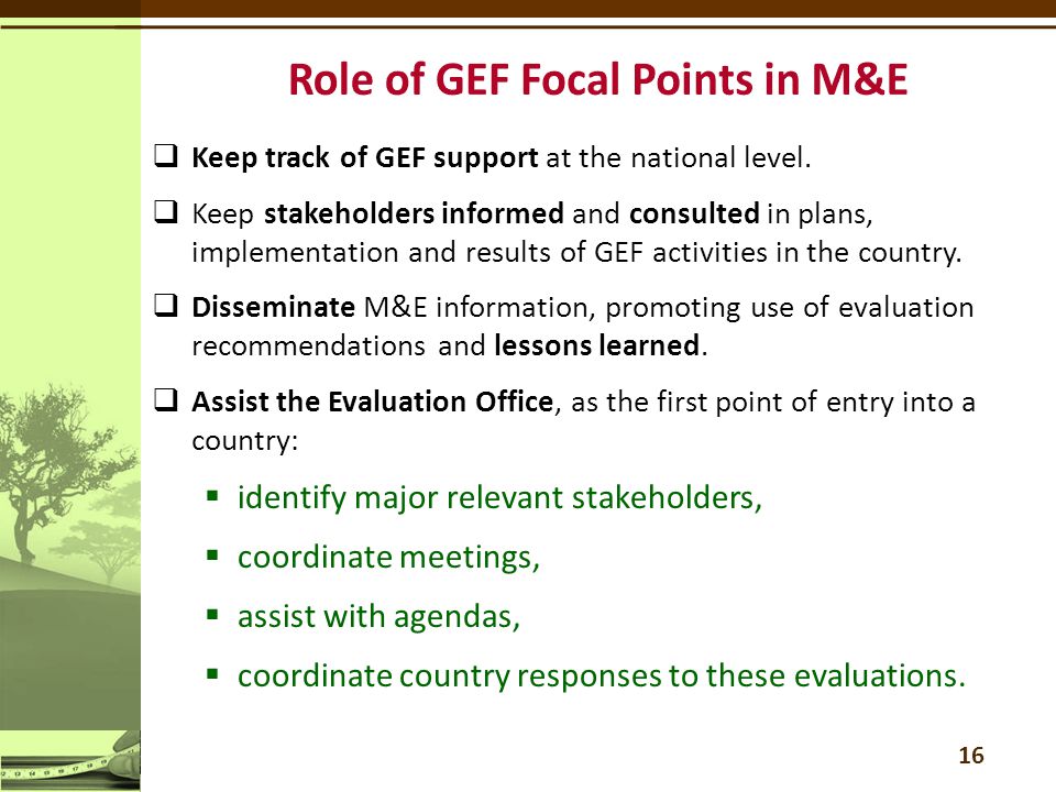  Keep track of GEF support at the national level.