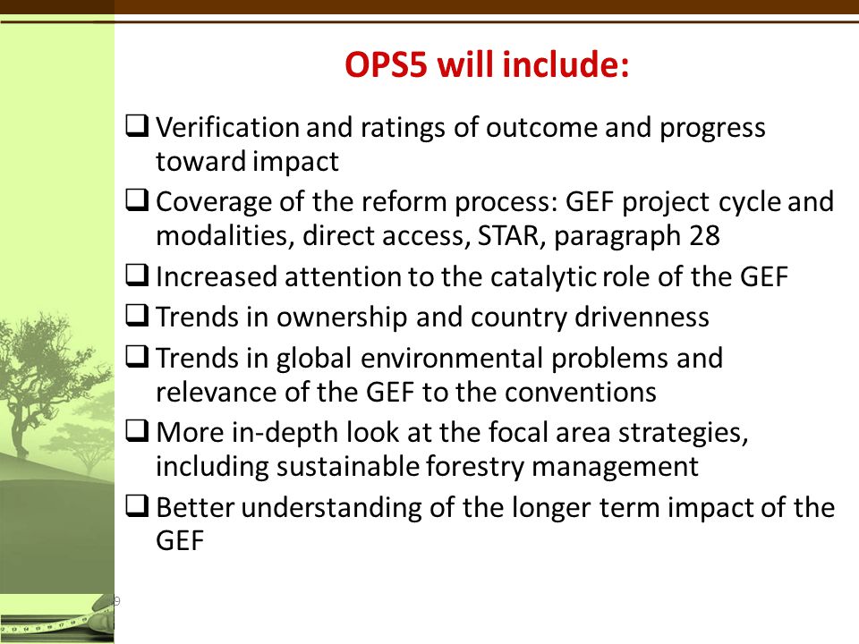  Verification and ratings of outcome and progress toward impact  Coverage of the reform process: GEF project cycle and modalities, direct access, STAR, paragraph 28  Increased attention to the catalytic role of the GEF  Trends in ownership and country drivenness  Trends in global environmental problems and relevance of the GEF to the conventions  More in-depth look at the focal area strategies, including sustainable forestry management  Better understanding of the longer term impact of the GEF 19