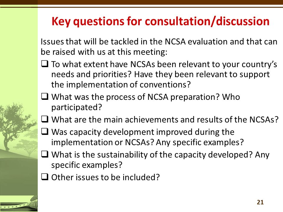 Issues that will be tackled in the NCSA evaluation and that can be raised with us at this meeting:  To what extent have NCSAs been relevant to your country’s needs and priorities.