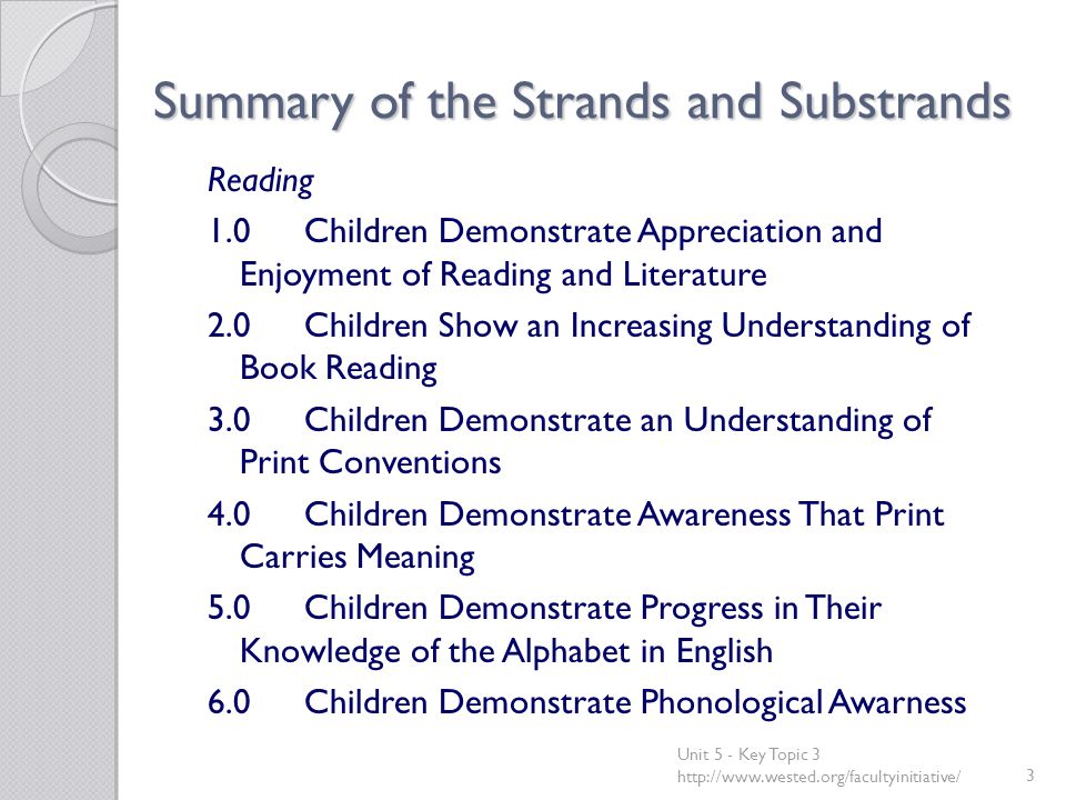 Summary of the Strands and Substrands Reading 1.0Children Demonstrate Appreciation and Enjoyment of Reading and Literature 2.0Children Show an Increasing Understanding of Book Reading 3.0Children Demonstrate an Understanding of Print Conventions 4.0Children Demonstrate Awareness That Print Carries Meaning 5.0Children Demonstrate Progress in Their Knowledge of the Alphabet in English 6.0Children Demonstrate Phonological Awarness Unit 5 - Key Topic 3