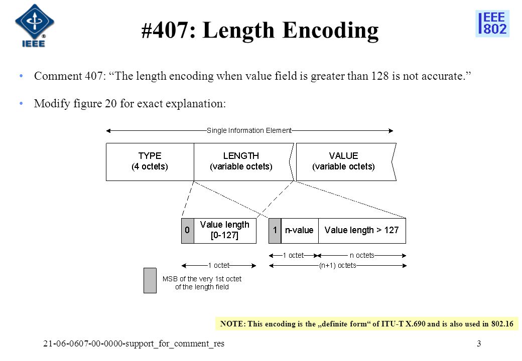 support_for_comment_res3 # 407: Length Encoding Comment 407: The length encoding when value field is greater than 128 is not accurate. Modify figure 20 for exact explanation: NOTE: This encoding is the „definite form of ITU-T X.690 and is also used in