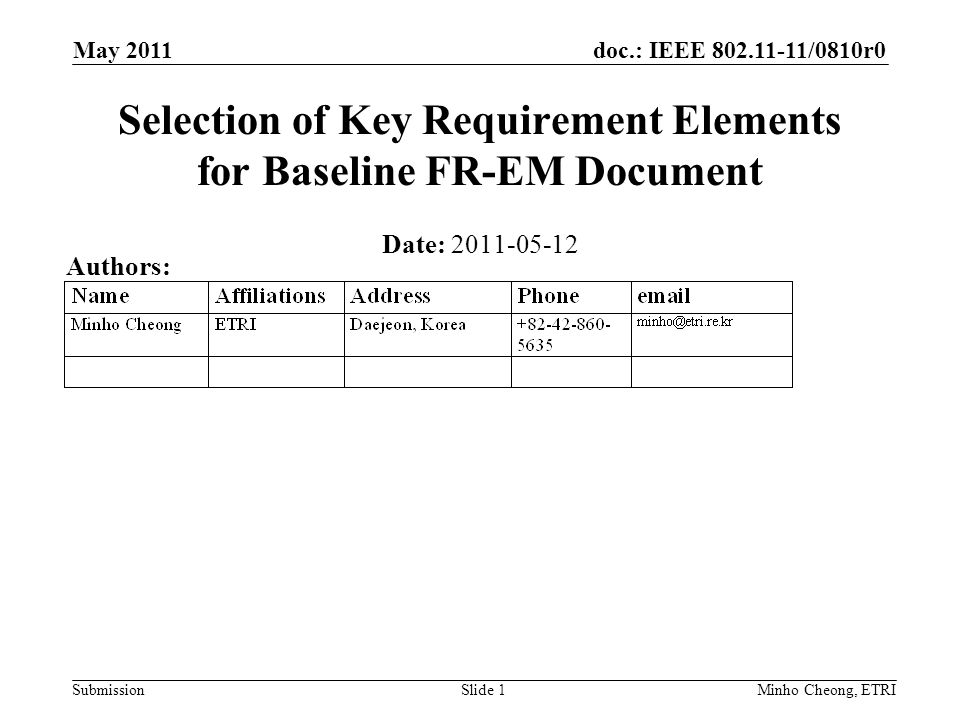doc.: IEEE /0810r0 Submission May 2011 Minho Cheong, ETRISlide 1 Selection of Key Requirement Elements for Baseline FR-EM Document Date: Authors: