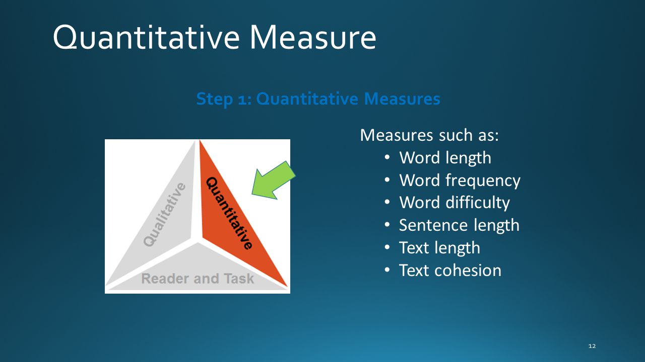 Measures such as: Word length Word frequency Word difficulty Sentence length Text length Text cohesion Step 1: Quantitative Measures Quantitative Measure 12