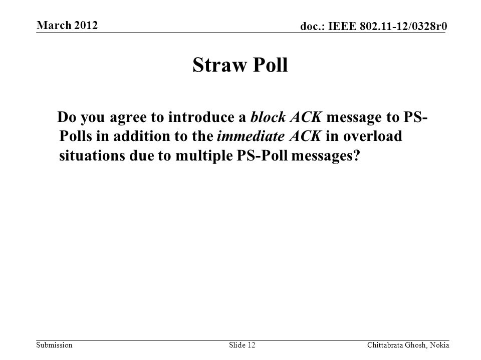 Submission doc.: IEEE /0328r0 Nokia Internal Use Only Straw Poll Do you agree to introduce a block ACK message to PS- Polls in addition to the immediate ACK in overload situations due to multiple PS-Poll messages.