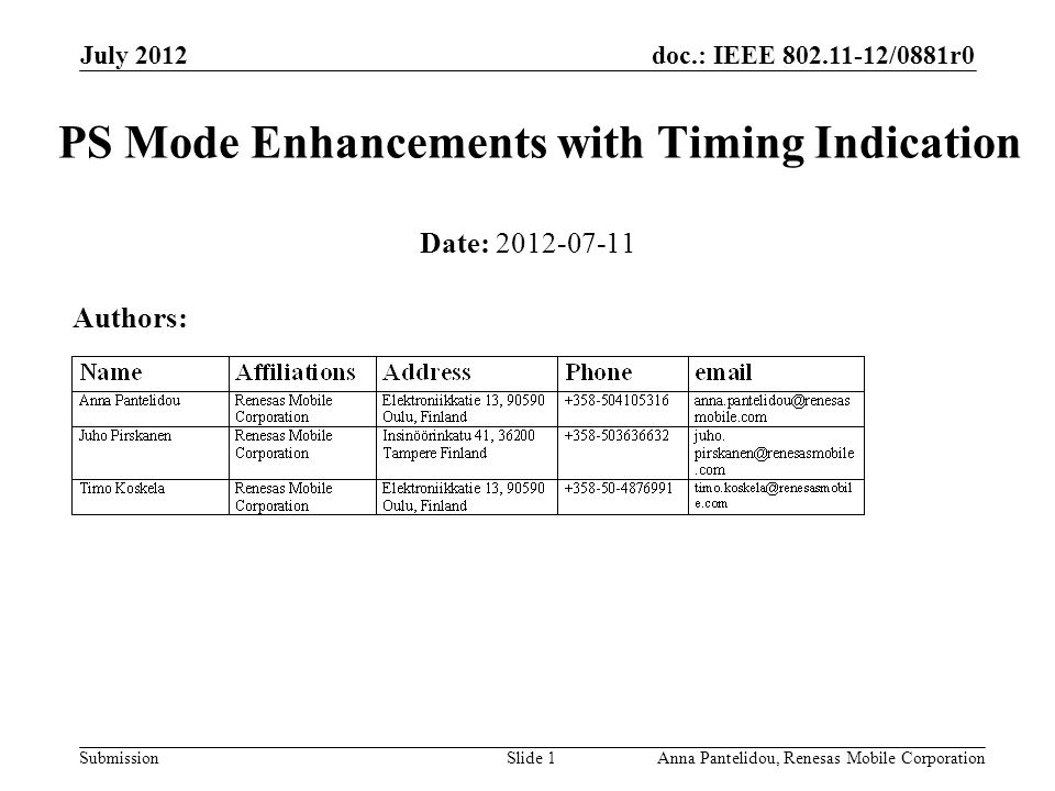 doc.: IEEE /0881r0 Submission July 2012 Anna Pantelidou, Renesas Mobile CorporationSlide 1 PS Mode Enhancements with Timing Indication Date: Authors: