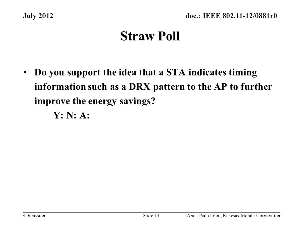 doc.: IEEE /0881r0 Submission July 2012 Anna Pantelidou, Renesas Mobile CorporationSlide 14 Straw Poll Do you support the idea that a STA indicates timing information such as a DRX pattern to the AP to further improve the energy savings.