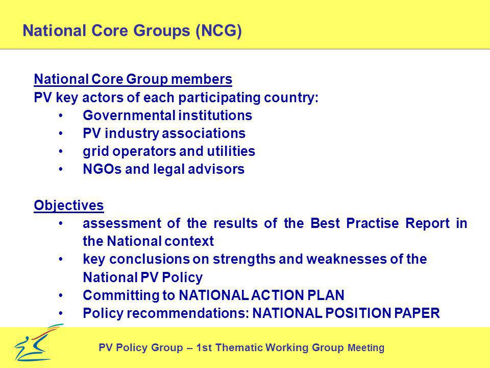 National Core Groups (NCG) National Core Group members PV key actors of each participating country: Governmental institutions PV industry associations grid operators and utilities NGOs and legal advisors Objectives assessment of the results of the Best Practise Report in the National context key conclusions on strengths and weaknesses of the National PV Policy Committing to NATIONAL ACTION PLAN Policy recommendations: NATIONAL POSITION PAPER PV Policy Group – 1st Thematic Working Group Meeting