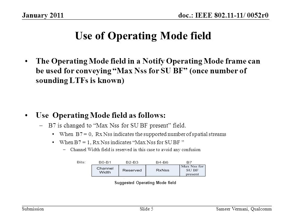 doc.: IEEE / 0052r0 Submission Use of Operating Mode field The Operating Mode field in a Notify Operating Mode frame can be used for conveying Max Nss for SU BF (once number of sounding LTFs is known) Use Operating Mode field as follows: –B7 is changed to Max Nss for SU BF present field.