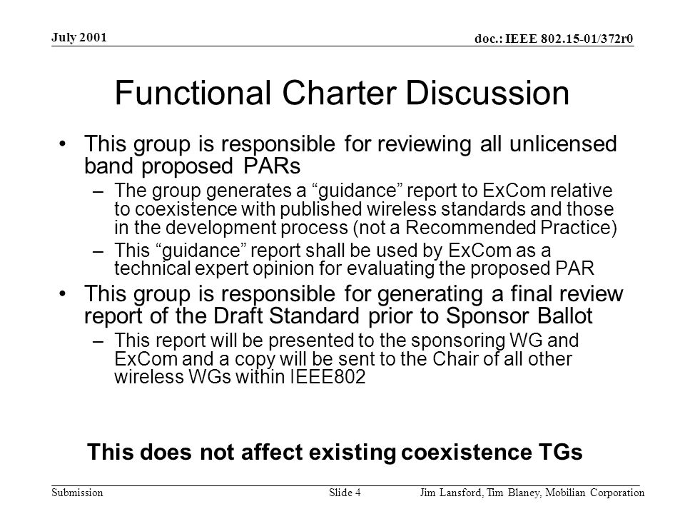 doc.: IEEE /372r0 Submission July 2001 Jim Lansford, Tim Blaney, Mobilian CorporationSlide 4 Functional Charter Discussion This group is responsible for reviewing all unlicensed band proposed PARs –The group generates a guidance report to ExCom relative to coexistence with published wireless standards and those in the development process (not a Recommended Practice) –This guidance report shall be used by ExCom as a technical expert opinion for evaluating the proposed PAR This group is responsible for generating a final review report of the Draft Standard prior to Sponsor Ballot –This report will be presented to the sponsoring WG and ExCom and a copy will be sent to the Chair of all other wireless WGs within IEEE802 This does not affect existing coexistence TGs