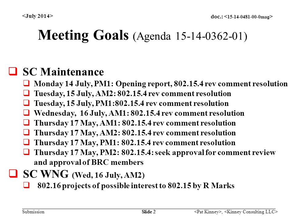 doc.: Submission, Slide 2 Meeting Goals (Agenda )  SC Maintenance  Monday 14 July, PM1: Opening report, rev comment resolution  Tuesday, 15 July, AM2: rev comment resolution  Tuesday, 15 July, PM1: rev comment resolution  Wednesday, 16 July, AM1: rev comment resolution  Thursday 17 May, AM1: rev comment resolution  Thursday 17 May, AM2: rev comment resolution  Thursday 17 May, PM1: rev comment resolution  Thursday 17 May, PM2: : seek approval for comment review and approval of BRC members  SC WNG (Wed, 16 July, AM2)  projects of possible interest to by R Marks