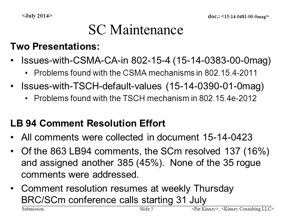 doc.: Submission SC Maintenance Two Presentations: Issues-with-CSMA-CA-in ( mag) Problems found with the CSMA mechanisms in Issues-with-TSCH-default-values ( mag) Problems found with the TSCH mechanism in e-2012 LB 94 Comment Resolution Effort All comments were collected in document Of the 863 LB94 comments, the SCm resolved 137 (16%) and assigned another 385 (45%).