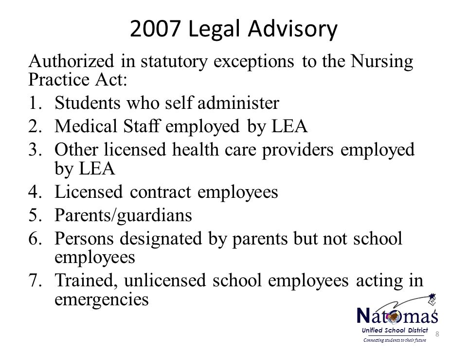2007 Legal Advisory Authorized in statutory exceptions to the Nursing Practice Act: 1.Students who self administer 2.Medical Staff employed by LEA 3.Other licensed health care providers employed by LEA 4.Licensed contract employees 5.Parents/guardians 6.Persons designated by parents but not school employees 7.Trained, unlicensed school employees acting in emergencies 8 N at o mas Connecting students to their future Unified School District