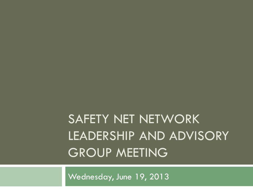 SAFETY NET NETWORK LEADERSHIP AND ADVISORY GROUP MEETING Wednesday, June 19, 2013