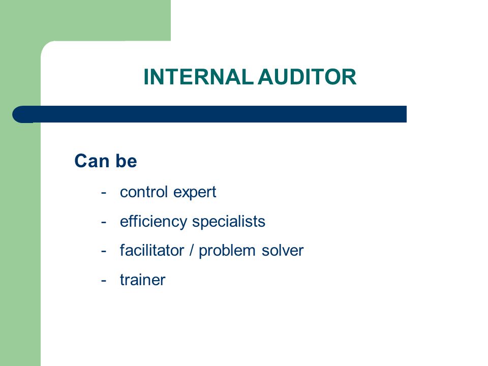 INTERNAL AUDITOR Can be - control expert - efficiency specialists - facilitator / problem solver - trainer