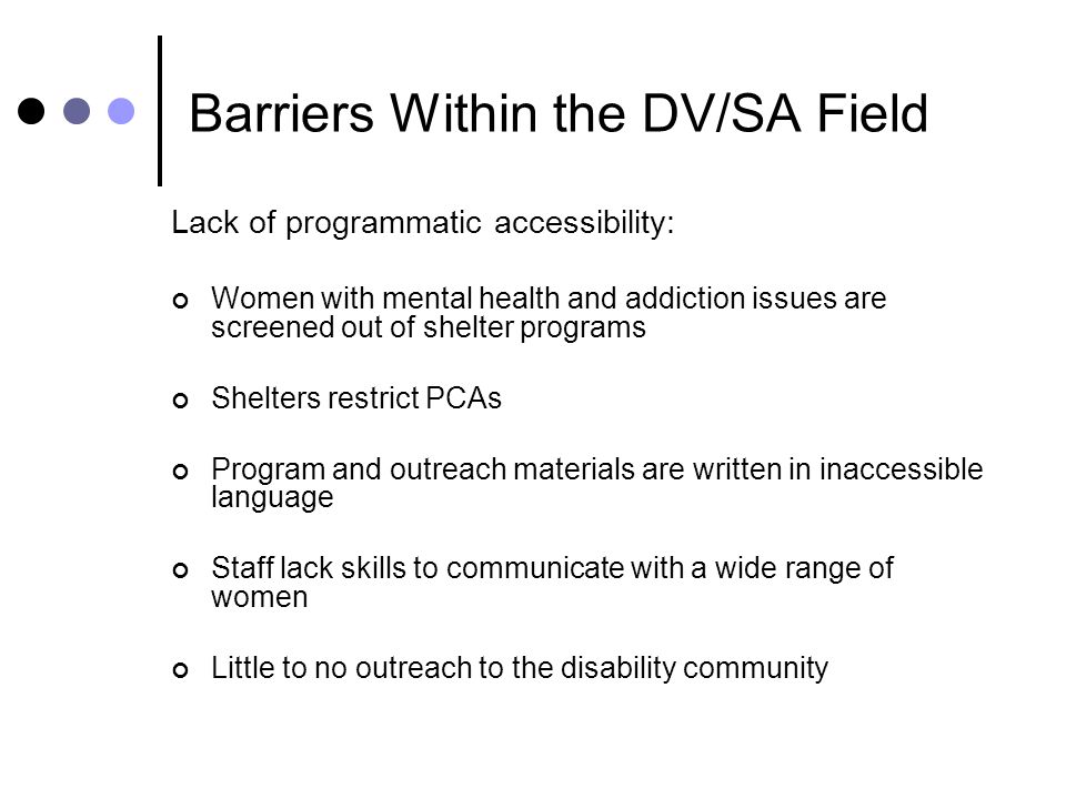 Barriers Within the DV/SA Field Lack of programmatic accessibility: Women with mental health and addiction issues are screened out of shelter programs Shelters restrict PCAs Program and outreach materials are written in inaccessible language Staff lack skills to communicate with a wide range of women Little to no outreach to the disability community