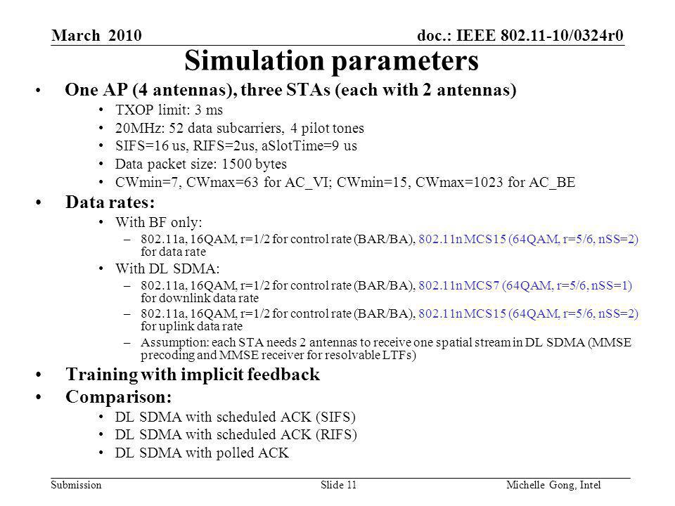 doc.: IEEE /0324r0 Submission Slide 11Michelle Gong, Intel March 2010 Simulation parameters One AP (4 antennas), three STAs (each with 2 antennas) TXOP limit: 3 ms 20MHz: 52 data subcarriers, 4 pilot tones SIFS=16 us, RIFS=2us, aSlotTime=9 us Data packet size: 1500 bytes CWmin=7, CWmax=63 for AC_VI; CWmin=15, CWmax=1023 for AC_BE Data rates: With BF only: –802.11a, 16QAM, r=1/2 for control rate (BAR/BA), n MCS15 (64QAM, r=5/6, nSS=2) for data rate With DL SDMA: –802.11a, 16QAM, r=1/2 for control rate (BAR/BA), n MCS7 (64QAM, r=5/6, nSS=1) for downlink data rate –802.11a, 16QAM, r=1/2 for control rate (BAR/BA), n MCS15 (64QAM, r=5/6, nSS=2) for uplink data rate –Assumption: each STA needs 2 antennas to receive one spatial stream in DL SDMA (MMSE precoding and MMSE receiver for resolvable LTFs) Training with implicit feedback Comparison: DL SDMA with scheduled ACK (SIFS) DL SDMA with scheduled ACK (RIFS) DL SDMA with polled ACK