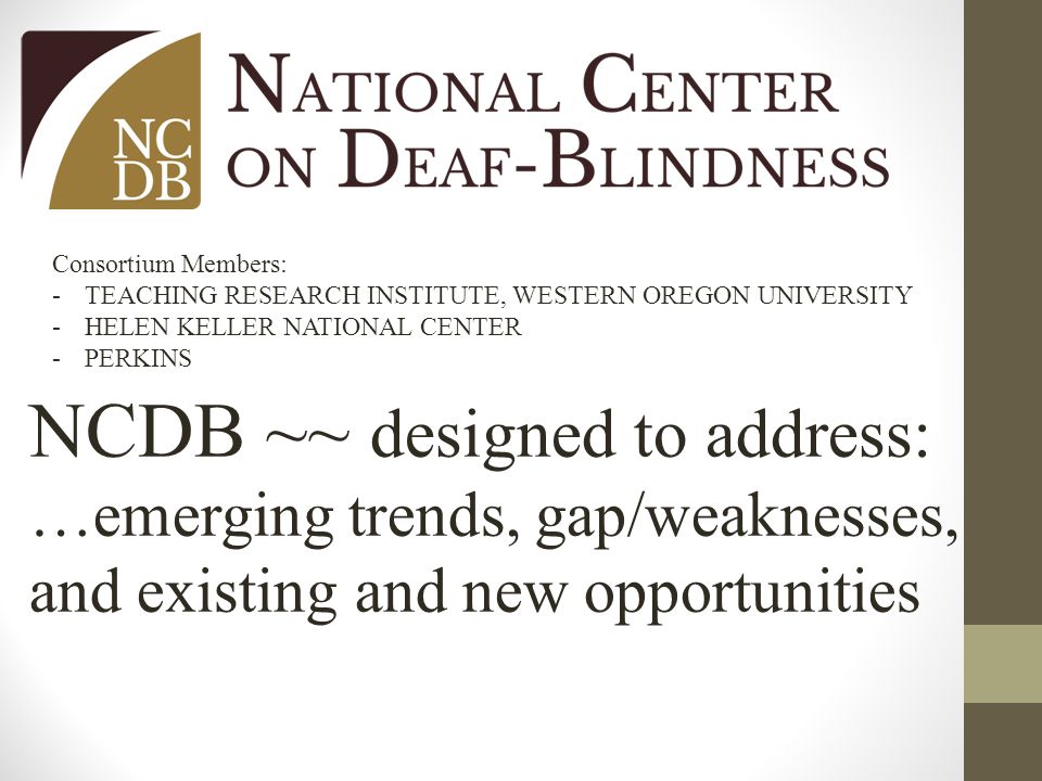 Consortium Members: -TEACHING RESEARCH INSTITUTE, WESTERN OREGON UNIVERSITY -HELEN KELLER NATIONAL CENTER -PERKINS NCDB ~~ designed to address: …emerging trends, gap/weaknesses, and existing and new opportunities