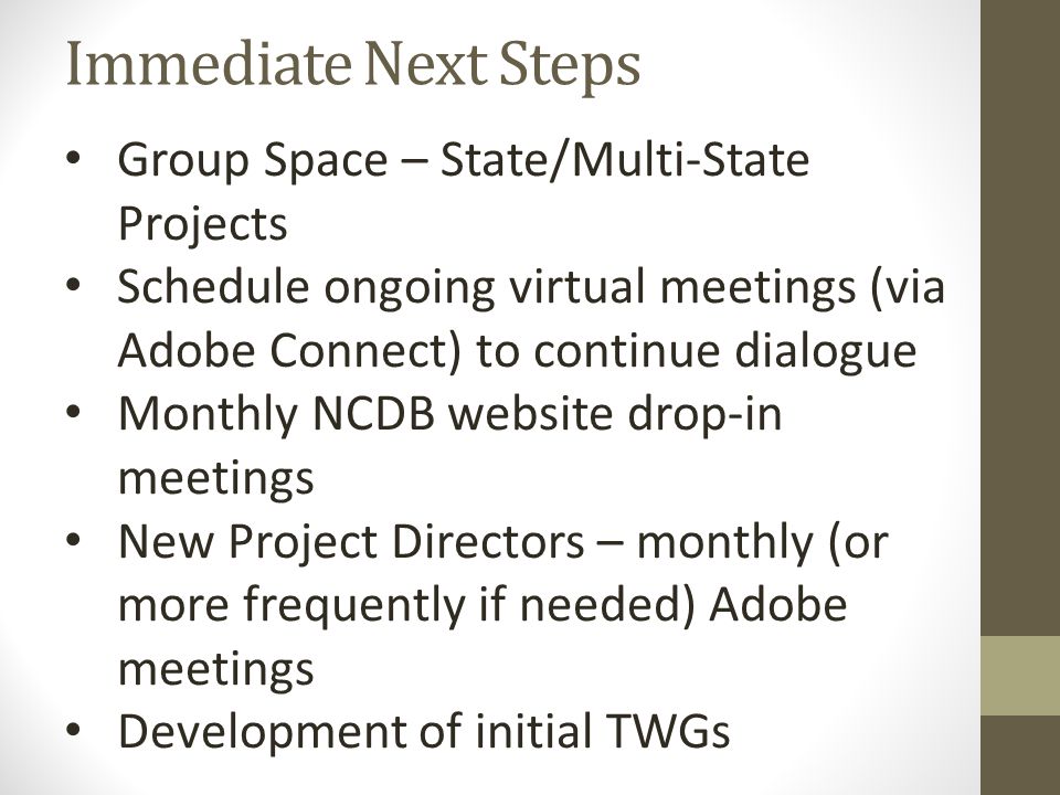 Immediate Next Steps Group Space – State/Multi-State Projects Schedule ongoing virtual meetings (via Adobe Connect) to continue dialogue Monthly NCDB website drop-in meetings New Project Directors – monthly (or more frequently if needed) Adobe meetings Development of initial TWGs