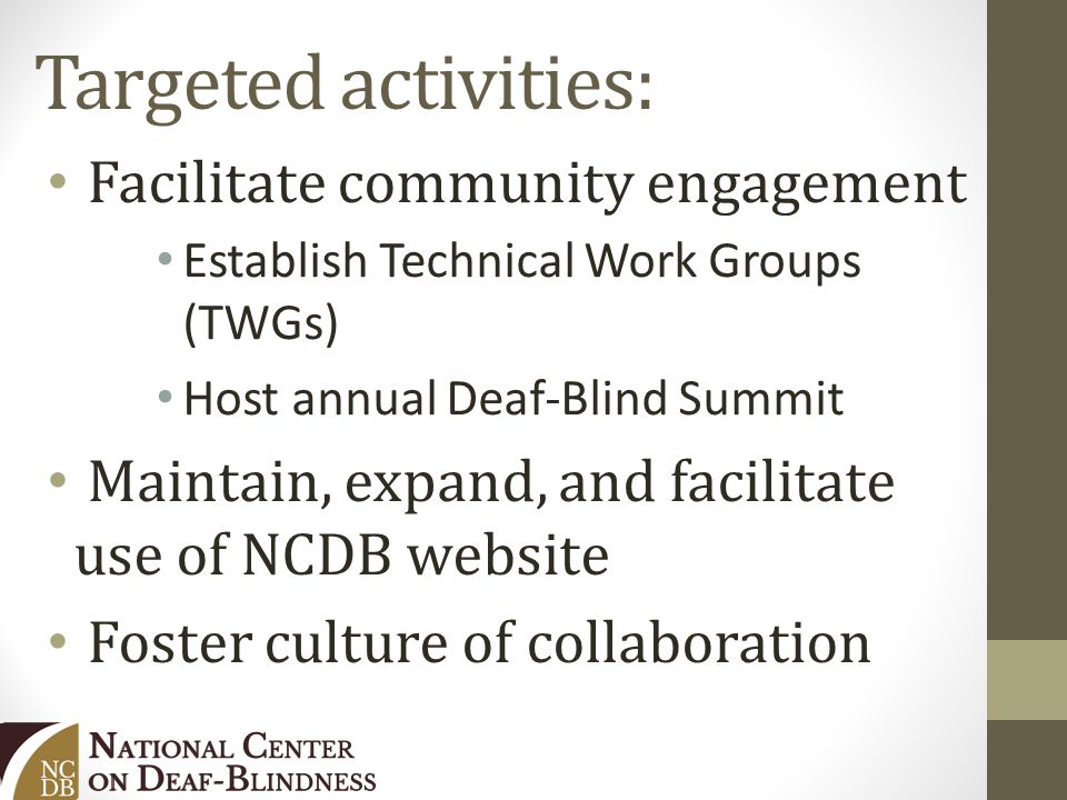 Targeted activities: Facilitate community engagement Establish Technical Work Groups (TWGs) Host annual Deaf-Blind Summit Maintain, expand, and facilitate use of NCDB website Foster culture of collaboration