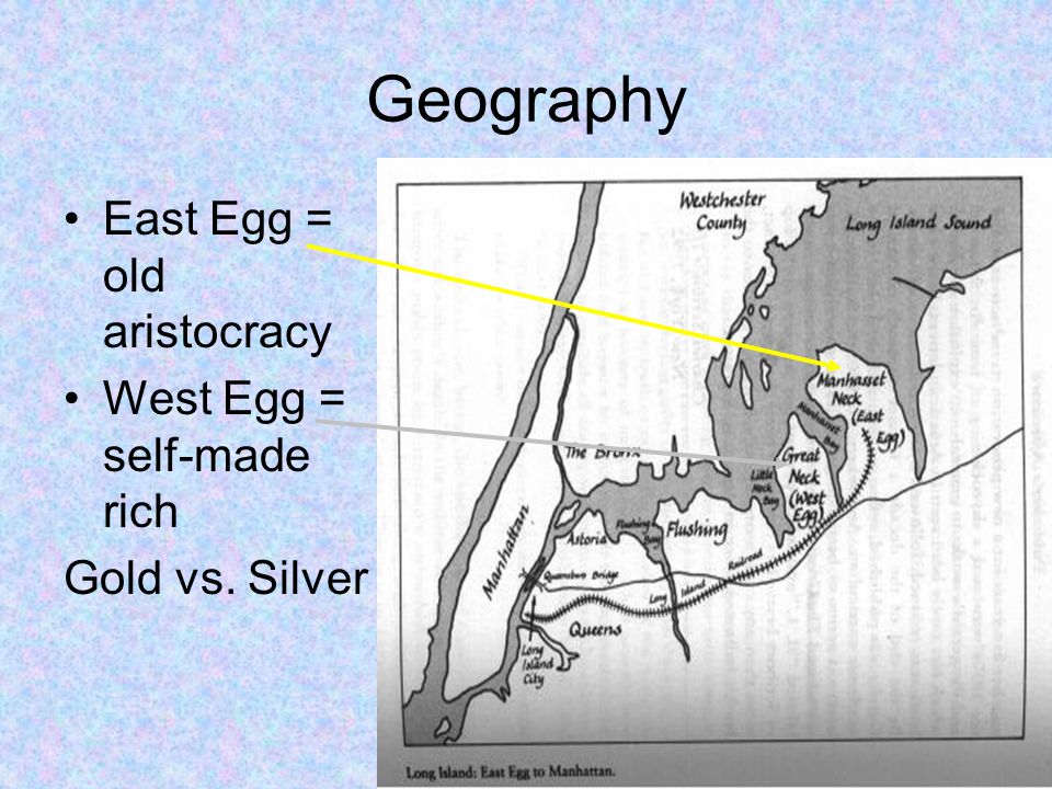 Geography East Egg = old aristocracy West Egg = self-made rich Gold vs. Silver