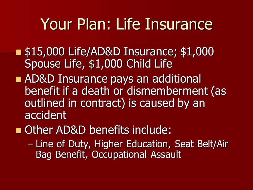 Your Plan: Life Insurance $15,000 Life/AD&D Insurance; $1,000 Spouse Life, $1,000 Child Life $15,000 Life/AD&D Insurance; $1,000 Spouse Life, $1,000 Child Life AD&D Insurance pays an additional benefit if a death or dismemberment (as outlined in contract) is caused by an accident AD&D Insurance pays an additional benefit if a death or dismemberment (as outlined in contract) is caused by an accident Other AD&D benefits include: Other AD&D benefits include: –Line of Duty, Higher Education, Seat Belt/Air Bag Benefit, Occupational Assault