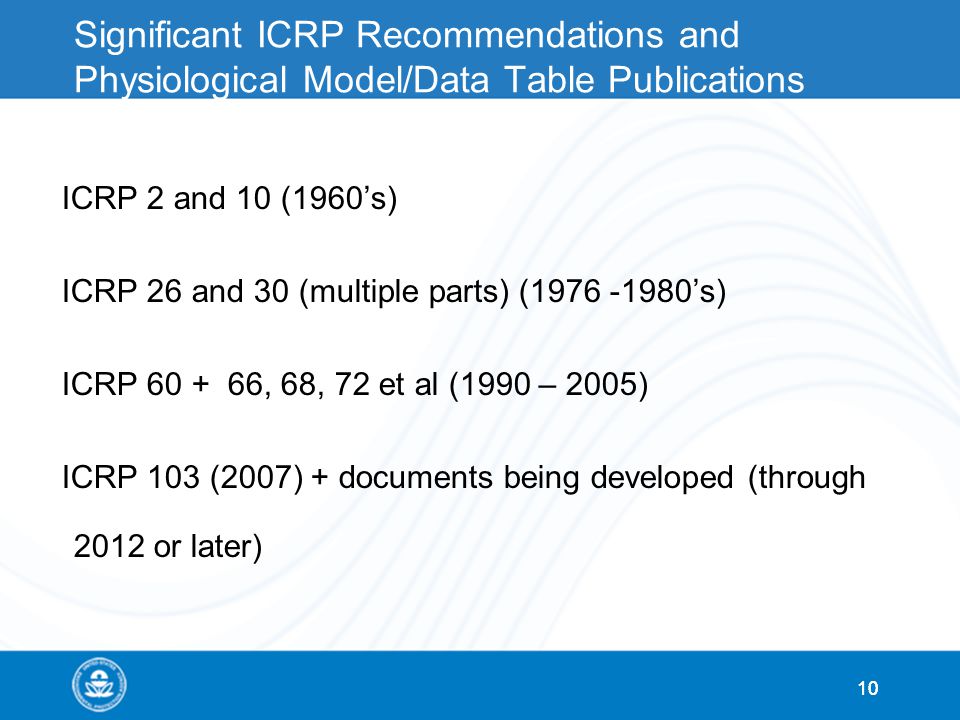 10 Significant ICRP Recommendations and Physiological Model/Data Table Publications ICRP 2 and 10 (1960’s) ICRP 26 and 30 (multiple parts) ( ’s) ICRP , 68, 72 et al (1990 – 2005) ICRP 103 (2007) + documents being developed (through 2012 or later)