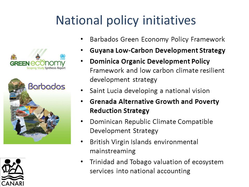 National policy initiatives Barbados Green Economy Policy Framework Guyana Low-Carbon Development Strategy Dominica Organic Development Policy Framework and low carbon climate resilient development strategy Saint Lucia developing a national vision Grenada Alternative Growth and Poverty Reduction Strategy Dominican Republic Climate Compatible Development Strategy British Virgin Islands environmental mainstreaming Trinidad and Tobago valuation of ecosystem services into national accounting