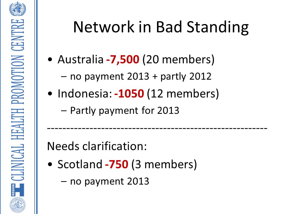 Network in Bad Standing Australia -7,500 (20 members) –no payment partly 2012 Indonesia: (12 members) –Partly payment for Needs clarification: Scotland -750 (3 members) –no payment 2013