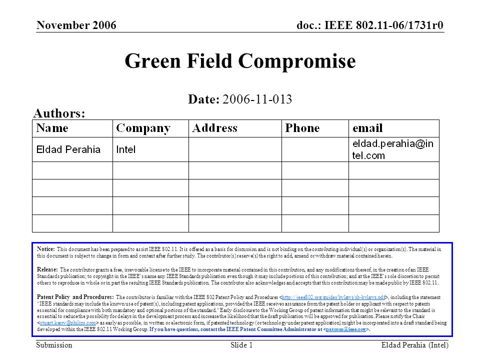 doc.: IEEE /1731r0 Submission November 2006 Eldad Perahia (Intel)Slide 1 Green Field Compromise Notice: This document has been prepared to assist IEEE