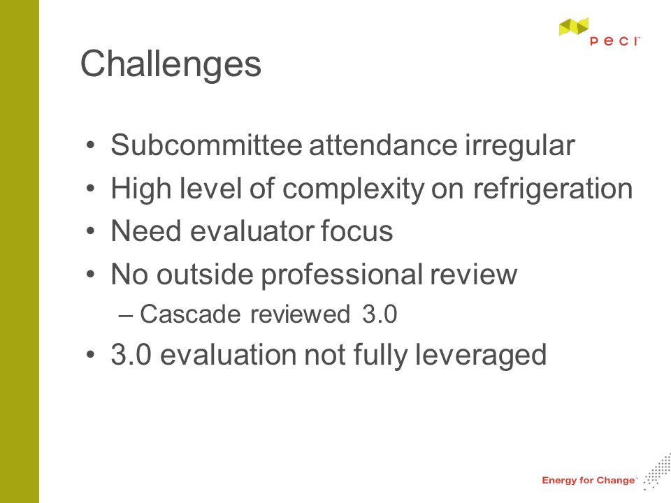 Challenges Subcommittee attendance irregular High level of complexity on refrigeration Need evaluator focus No outside professional review –Cascade reviewed evaluation not fully leveraged
