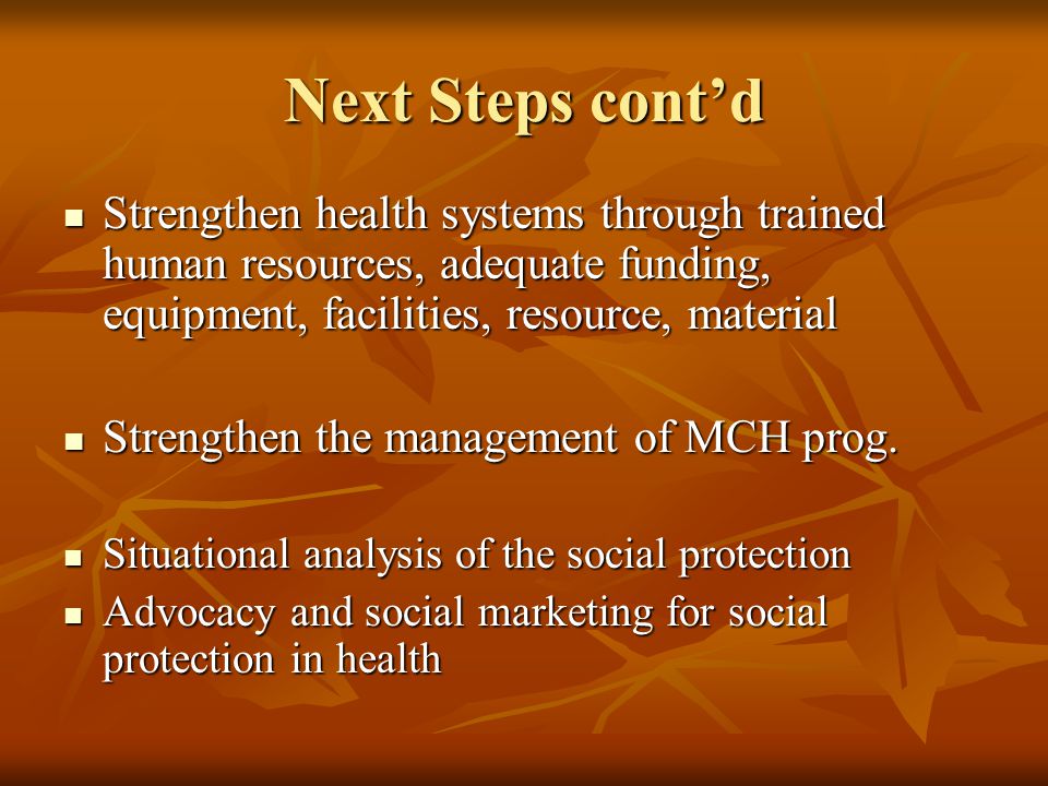 Next Steps cont’d Strengthen health systems through trained human resources, adequate funding, equipment, facilities, resource, material Strengthen health systems through trained human resources, adequate funding, equipment, facilities, resource, material Strengthen the management of MCH prog.